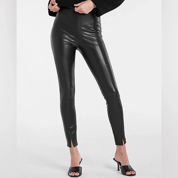 Super High Waisted Faux Leather Front Slit Leggings S/M - Picture 3 of 3